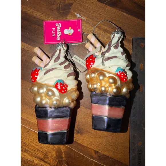 Festive Fun Ice Cream Sweet Cup Ornament Set 2 Strawberries Creamy Delight - Picture 4 of 4